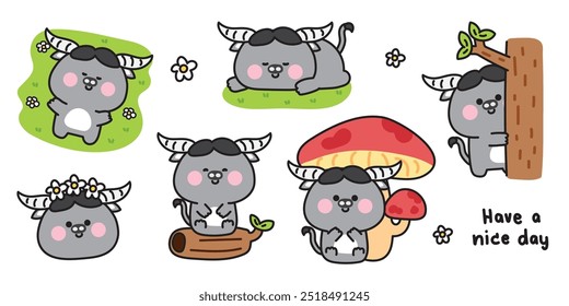 Conjunto de varias poses lindas búfalo en la selva. Naturaleza. Flor, hongo, hierba, árbol dibujado a mano. Diseño de dibujos animados de personajes de animales salvajes. Gráfico de bebé. Kawaii. Vector. Ilustración.