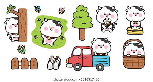 Set of cute various poses cow with nature.Farm truck,butterfly,tree,milk,flower hand drawn.Farm animal character cartoon design.Baby graphic.Kawaii.Vector.Illustration.