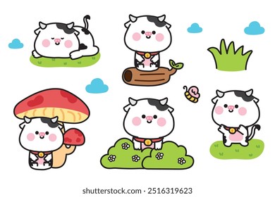 Set of cute various poses cow in jungle.Nature.Butterfly,flower,mushroom,grass hand drawn.Farm animal character cartoon design.Baby graphic.Kawaii.Vector.Illustration.