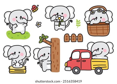 Conjunto de bonitos vários poses elefante com a natureza.Caminhão da fazenda,borboleta,árvore,mão de flor desenhada.Personagem animal selvagem desenho.Baby gráfico.Kawaii.Vetor.Ilustração.