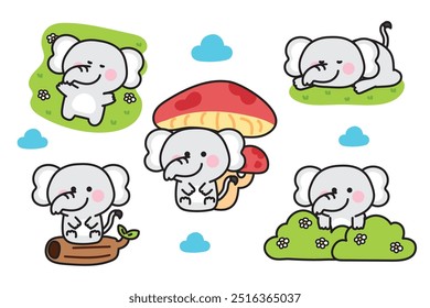 Set of cute various poses elephant in jungle.Nature.Cloud,flower,mushroom,grass hand drawn.Wild animal character cartoon design.Baby graphic.Kawaii.Vector.Illustration.