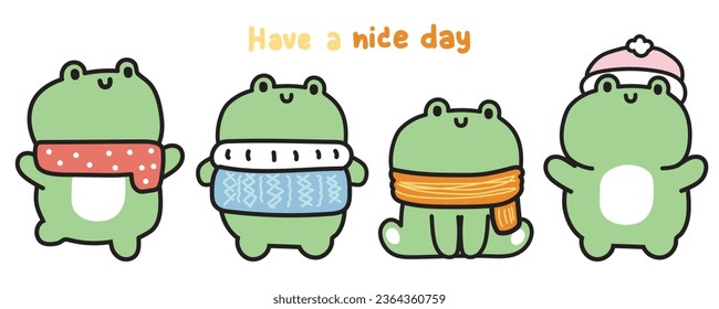Set of cute various poses frog in winter clothing cartoon.Reptile animal character design collection.Autumn.Fall.Kawaii.Vector.Illustration.