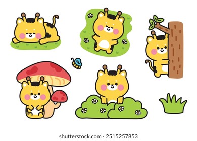 Conjunto de bonitos vários poses girafa em jungle.Nature.Butterfly,flor,cogumelo,árvore,mão de grama desenhada.Personagem animal selvagem design.Baby graphic.Kawaii.Vetor.Illustration.