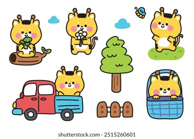 Conjunto de varias poses lindas jirafa con nature.Farm camión, mariposa, árbol, hierba dibujado a mano. Diseño de dibujos animados de personajes animales de África salvaje. Gráfico de bebé. Kawaii. Vector. Ilustración.