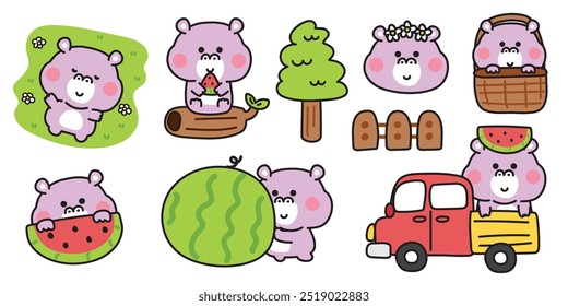 Set of cute various poses hippopotamus with nature.Farm truck,watermelon,tree,flower hand drawn.Mammal animal character cartoon design.Baby graphic.Kawaii.Vector.Illustration.