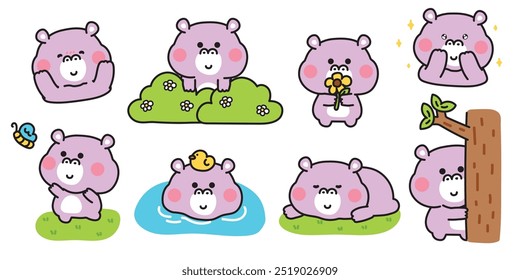 Set of cute various poses hippopotamus in jungle.Nature.Flower,butterfly,grass,tree hand drawn.Mammal animal character cartoon design.Baby graphic.Kawaii.Vector.Illustration.