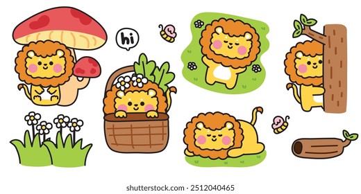 Set von niedlichen verschiedenen Posen Löwe im Dschungel.Natur.Tierwelt.Schmetterling, Blume, Holz, Baum handgezeichnet.Tierfigur Cartoon-Design.Babygrafik.Kawaii.Vektor.Illustration.