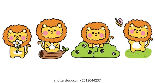 Conjunto de lindas varias poses león en la selva.Naturaleza.Vida silvestre.Hierba, mariposa, flor, madera dibujado a mano.Diseño de dibujos animados de personajes animales.Gráfico de bebé.Kawaii.Vector.Ilustración.