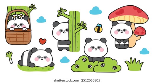 Set of cute various poses panda bear in jungle.Nature.Wildlife.Bamboo,bee,flower,cloud,mushroom hand drawn.Chinese animal character cartoon design.Baby graphic.Kawaii.Vector.Illustration.