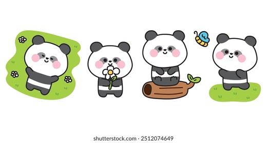 Conjunto de varias poses lindas oso panda en la selva. Naturaleza. Vida silvestre. Madera, mariposa, flor, hierba dibujada a mano. Diseño de dibujos animados de personajes de animales chinos. Gráfico de bebé. Kawaii. Vector. Ilustración.