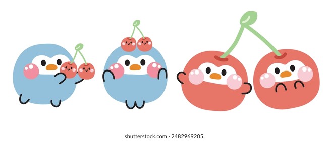 Set of cute various poses penguin with cherry.Fruits and vegetables.Bird animal character cartoon design.Image for card,sticker,baby clothing.Kawaii.Vector.Illustration.