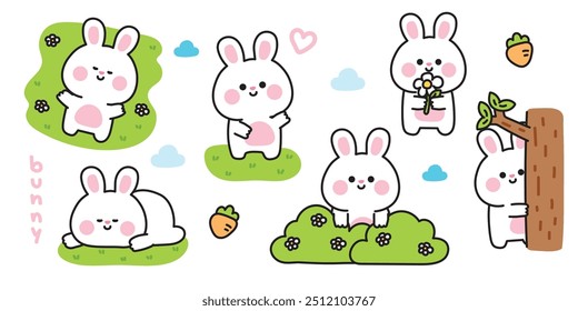 Set von niedlichen verschiedenen Posen Kaninchen im Dschungel.Natur.Nagetier.Karotte, Blume, Wolke, Baum handgezeichnet.Ostern.Häschen.Tierische Charakter Cartoon-Design.Baby-Grafik.Kawaii.Vektor.Illustration.