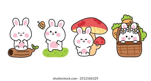 Set von niedlichen verschiedenen Posen Kaninchen im Dschungel.Natur.Nagetier.Pilz, Karotte, Blume, Schmetterling handgezeichnet.Ostern.Häschen.Tier Charakter Cartoon Design.Baby Grafik.Kawaii.Vektor.Illustration.