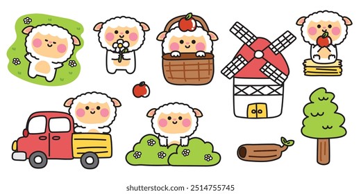 Set of cute various poses sheep in farm.Nature.Countryside.Farmhouse,apple,flower,tree hand drawn.Animal character cartoon design.Baby graphic.Kawaii.Vector.Illustration.