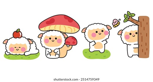 Conjunto de lindas varias poses ovejas en la selva. Naturaleza. Mariposa, manzana, hongo, árbol dibujado a mano. Diseño de dibujos animados de personajes animales. Gráfico de bebé. Kawaii. Vector. Ilustración.