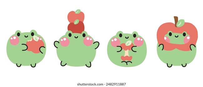 Conjunto de varias poses lindas sonrisa cara rana con apple.Fruit.Reptile personaje animal dibujo animado design.Imagen para tarjeta, pegatina, ropa de bebé.Kawaii.Vector.Illustración