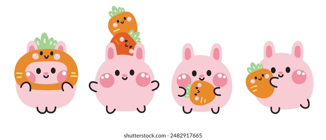 Conjunto de varias poses lindas sonrisa cara conejo con zanahoria.Frutas y verduras.Conejito.Roedor personaje animal dibujo animado.Imagen para tarjeta, pegatina, ropa de bebé.Kawaii.Vector.Ilustración.