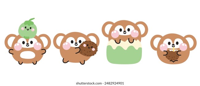 Conjunto de varias posturas lindas sonrisa cara mono con coco.Frutas y verduras.Verano.Dibujo animado de personaje animal salvaje.Imagen para tarjeta, pegatina, ropa de bebé.Kawaii.Vector.Ilustración.