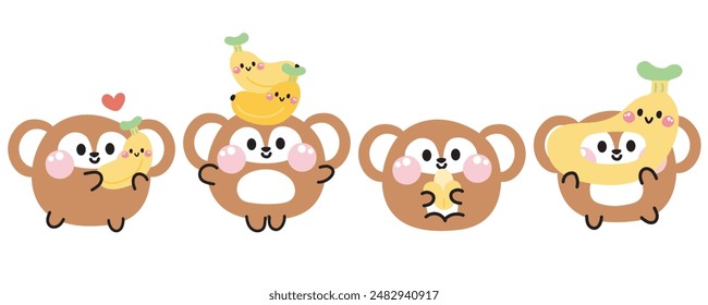 Conjunto de varias posturas lindas sonrisa cara mono con banana.Frutas y verduras.Dibujo animado de personaje animal salvaje diseño.Imagen para tarjeta, pegatina, ropa de bebé.Kawaii.Vector.Ilustración.