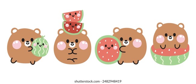 Set of cute various poses smile face teddy bear with watermelon.Fruits and vegetables.Wild animal character cartoon design.Image for card,sticker,baby clothing.Kawaii.Vector.Illustration.