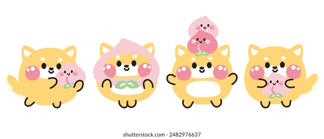 Conjunto de varias poses lindas cara de sonrisa shiba inu perro con melocotón.Frutas y verduras.Japonés animal de compañía personaje de dibujos animados design.Imagen para tarjeta, pegatina, ropa de bebé.Kawaii.Vector.Ilustración.