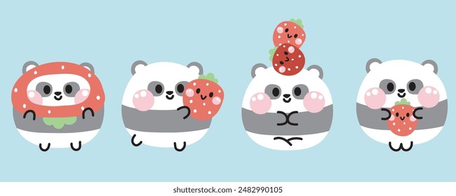 Set of cute various poses smile face panda bear with strawberry.Fruits and vegetables.Teddy.Chinese wild animal character cartoon design.Image for card,sticker,baby clothing.Kawaii.Vector.Illustration