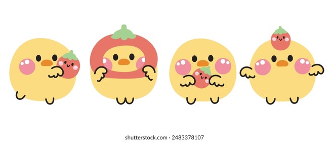 Set of cute various poses smile face chicken with tomato.Fruits and vegetables.Farm bird animal character cartoon design.Image for card,sticker,baby clothing.Kawaii.Vector.Illustration.