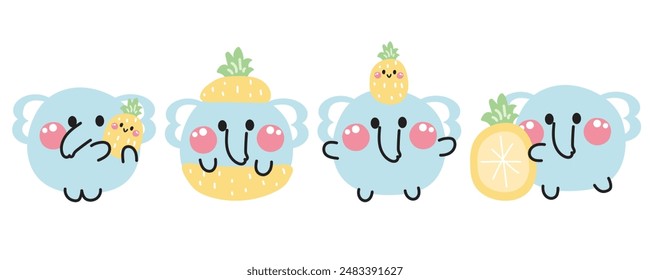 Conjunto de varias poses lindas sonrisa cara elefante con piña.Frutas y verduras.Dibujo animado de personaje animal salvaje design.Imagen para tarjeta, pegatina, ropa de bebé.Kawaii.Vector.Ilustración.