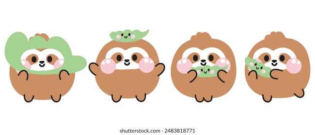 Set of cute various poses smile face sloth with edamame bean background.Wild animal character cartoon design.Image for card,sticker,baby clothing.Kawaii.Vector.Illustration.