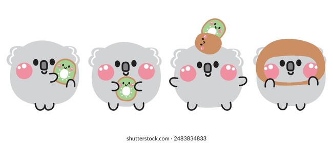 Set of cute various poses smile face koala bear with kiwi.Teddy.Fruits and vegetables.Wild animal character cartoon design.Image for card,sticker,baby clothing.Kawaii.Vector.Illustration.