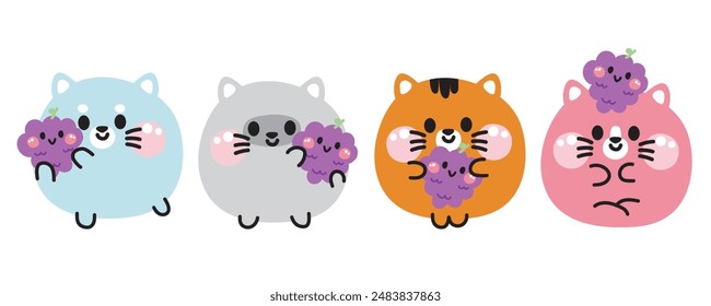 Conjunto de varias poses lindas sonrisa cara gato con uva.Meow.Frutas y verduras.Pet personaje animal dibujo animado.Imagen para tarjeta, pegatina, ropa de bebé.Kawaii.Vector.Ilustración.