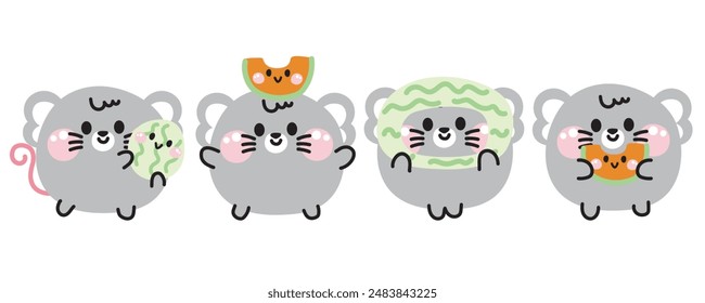 Conjunto de varias poses lindas sonrisa cara rata con melón.Mouse.Frutas y verduras.Roedor animal personaje de dibujos animados design.Imagen para tarjeta, pegatina, ropa de bebé.Kawaii.Vector.Ilustración.