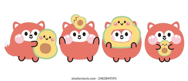 Set of cute various poses smile face fox with avocado.Fruits and vegetables.Wild animal character cartoon design.Image for card,sticker,baby clothing.Kawaii.Vector.Illustration.