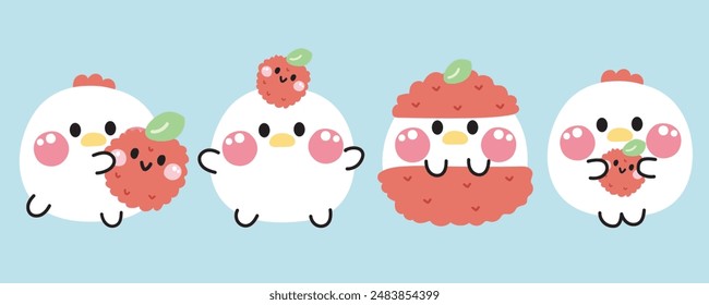 Set of cute various poses smile face hen with lychee.Fruits and vegetables.Bird farm animal character cartoon design.Image for card,sticker,baby clothing.Kawaii.Vector.Illustration.