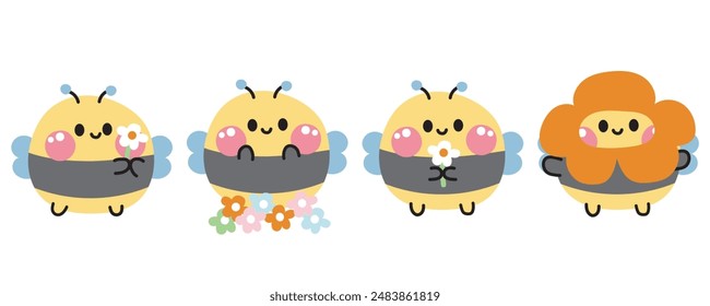 Conjunto de varias posturas lindas sonrisa cara abeja con flower.Floral.Honey.Insect personaje animal dibujo animado design.Imagen para tarjeta, pegatina, ropa de bebé.Kawaii.Vector.Illustración.