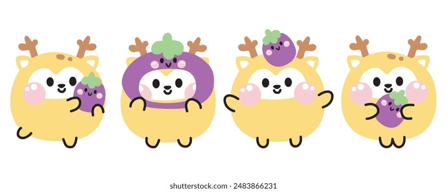 Conjunto de varias poses lindas cara de venado sonrisa con mangosteen.Frutas y verduras.Wild personaje animal dibujo animado design.Imagen para tarjeta, pegatina, ropa de bebé.Kawaii.Vector.Ilustración.