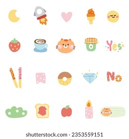 Set of cute various tiny icon with cat face.Cartoon hand drawn collection.Meow lover.Dessert,food,animal,nature,word concept.Kawaii.Vector.Illustration.