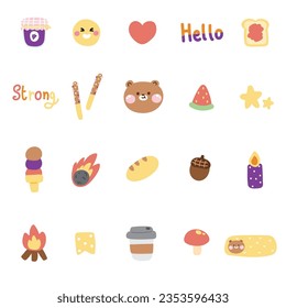 Set of cute various tiny icon with teddy bear face.Cartoon hand drawn collection.Dessert,food,wild animal,nature,word concept.Kawaii.Vector.Illustration.