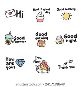 Set of cute various tiny icon with daily word on white background.Chat.Message.Teddy bear,mail,heart,sweet,sun,cake hand drawn.Hand writing.Kawaii.Vector.Illustration.