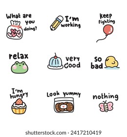 Set of cute various tiny icon with daily word on white background.Chat.Message.Frog,duck,butterfly,balloon,cookies,cake hand drawn.Hand writing.Kawaii.Vector.Illustration.