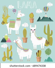 Set of Cute vector alpaca and cactus elements. Editable vector illustration