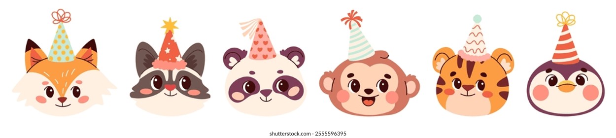 Set of cute vector animals for Birthday party. Funny animal character in hats. Collection of adorable wildlife panda, penguin, monkey, raccoon, fox and tiger. Illustration for greeting card, kids