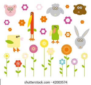 Set of cute vector animals and flowers