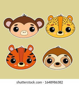 Set of cute vector animals. Funny illustrations for stickers, postcards, children's books. Monkey, leopard, tiger, sloth.