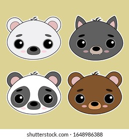 Set of cute vector animals. Funny illustrations for stickers, postcards, children's books. Polar bear, brown bear, Panda, wolf.