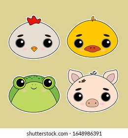 Set of cute vector animals. Funny illustrations for stickers, postcards, children's books. Chicken, duck, frog, pig.