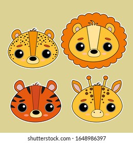 Set of cute vector animals. Funny illustrations for stickers, postcards, children's books. Leopard, lion, tiger, giraffe.