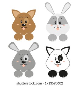 Set of cute vector animals illustration. Little gray, brown and white vector dog with gray bunny for web, cards, children's books.