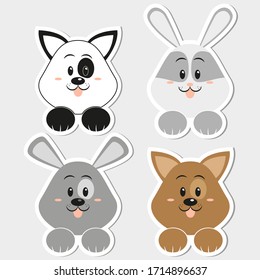 Set of cute vector animals stickers illustration. Little gray, brown and white vector dog with gray bunny for web, cards, children's books.