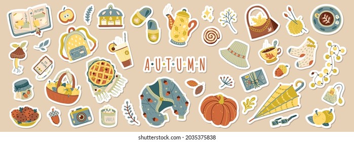 Set of cute vector autumn stickers for daily planner.Scrapbooking elements collection: pumpkin, sweater,candle, falling leaves, mushroom.Concept for poster, card.Hand drawn icons pack